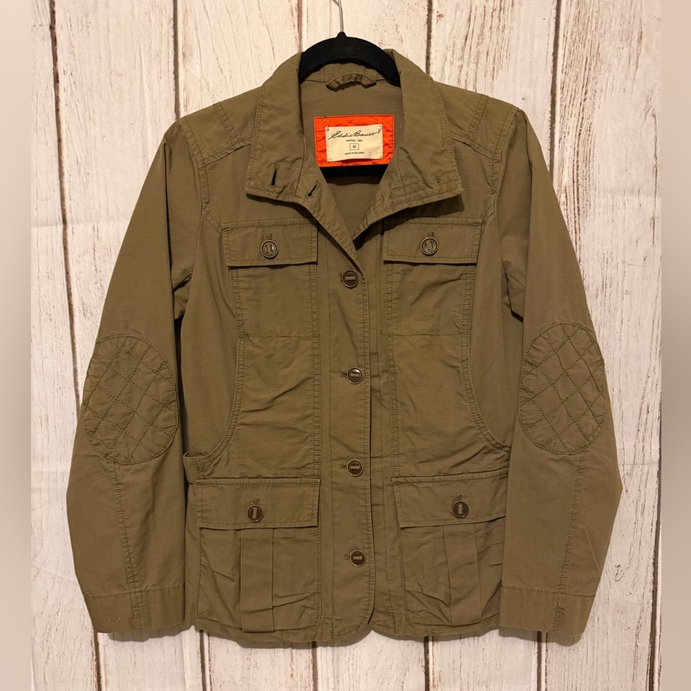 Eddie Bauer Women's Khaki Olive Safari Utility Jacket with Elbow Patches M